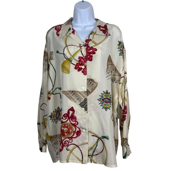 The Limited Tops - The Limited Top Womens Large Cream Silk Blouse Music Holiday Xmas Vintage Y2K